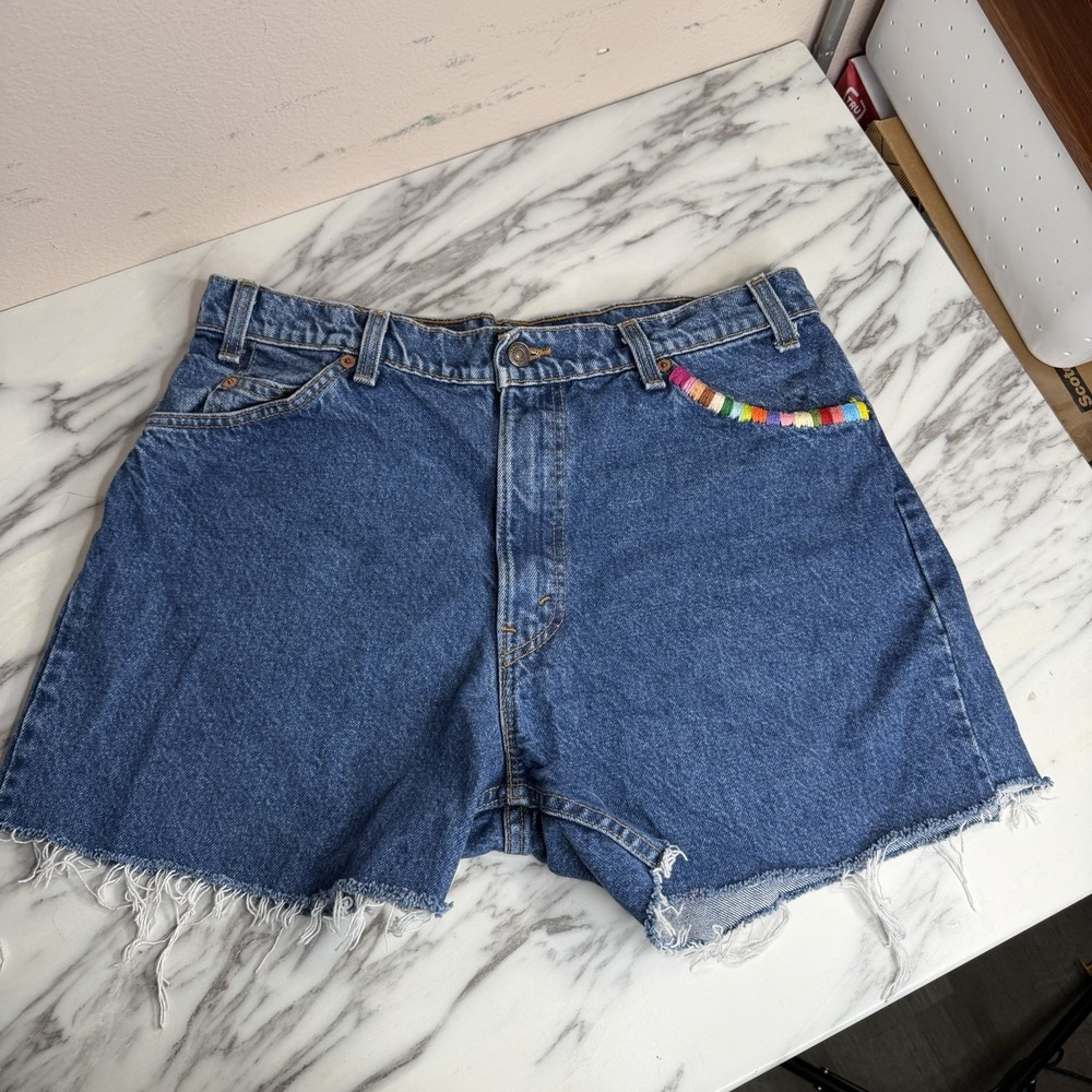VTG Levis Shorts Womens Cut Off Orange Tab Denim High Rise 90s Upcycled 10-12